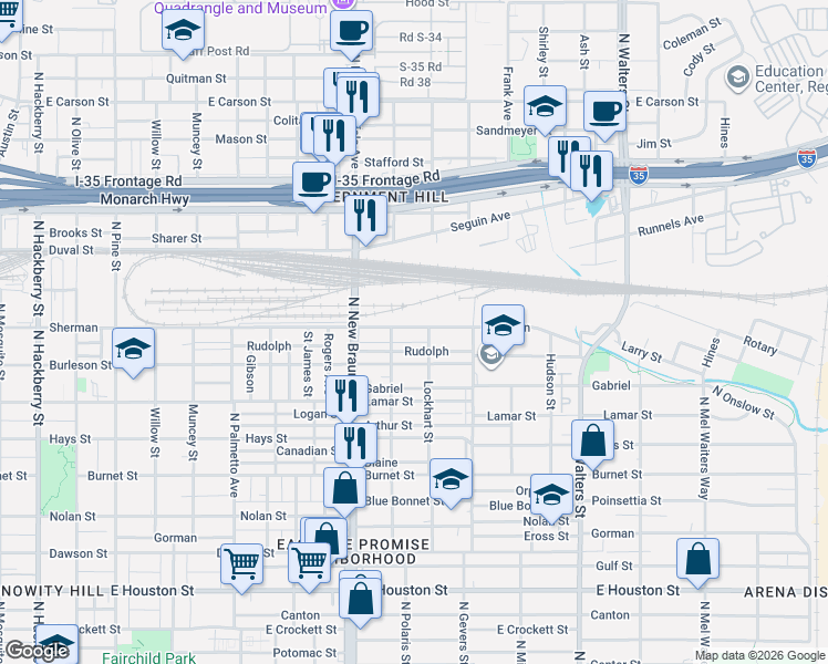 map of restaurants, bars, coffee shops, grocery stores, and more near 1322 Sherman in San Antonio