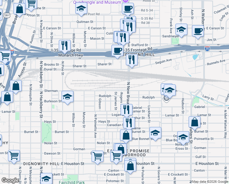 map of restaurants, bars, coffee shops, grocery stores, and more near 1038 Sherman in San Antonio