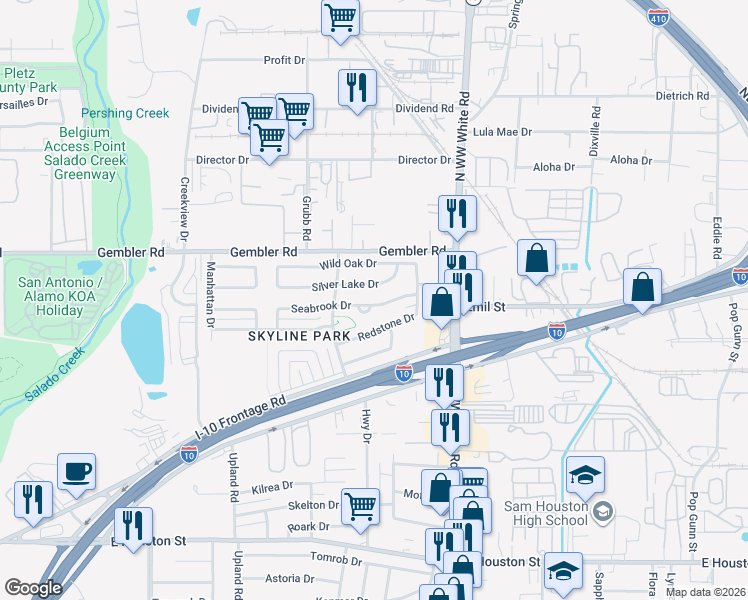 map of restaurants, bars, coffee shops, grocery stores, and more near 4337 Seabrook Drive in San Antonio