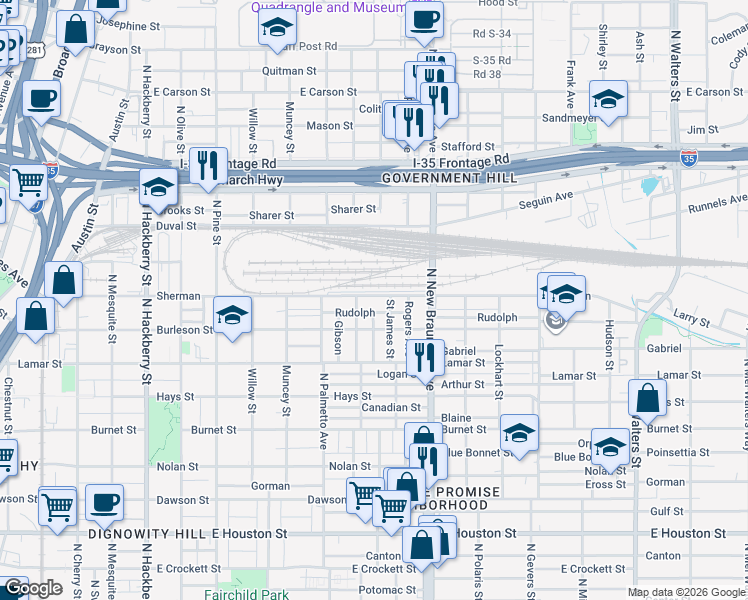 map of restaurants, bars, coffee shops, grocery stores, and more near 1038 Sherman in San Antonio