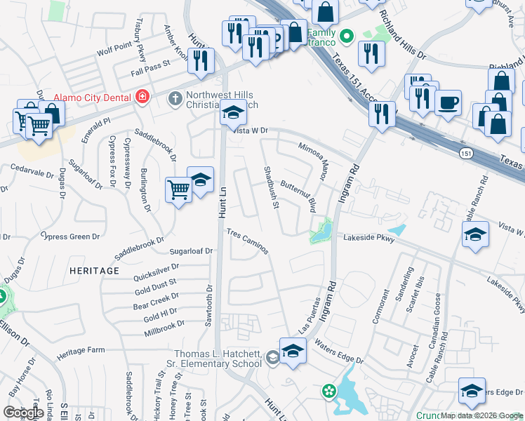 map of restaurants, bars, coffee shops, grocery stores, and more near 315 Spruce Breeze in San Antonio