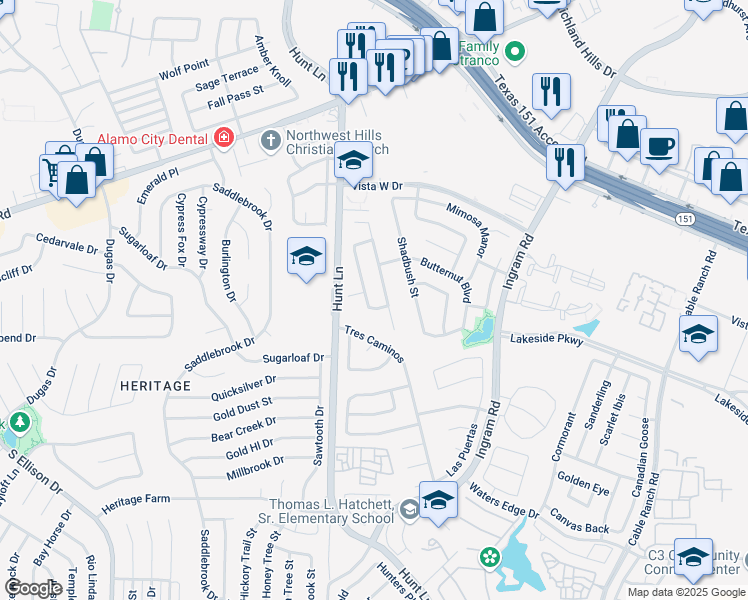 map of restaurants, bars, coffee shops, grocery stores, and more near 315 Spruce Breeze in San Antonio