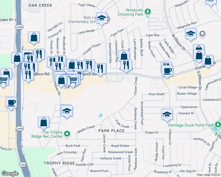 map of restaurants, bars, coffee shops, grocery stores, and more near 10538 Potranco Road in San Antonio