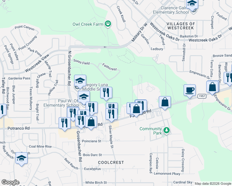 map of restaurants, bars, coffee shops, grocery stores, and more near 302 Chloe Heights in San Antonio