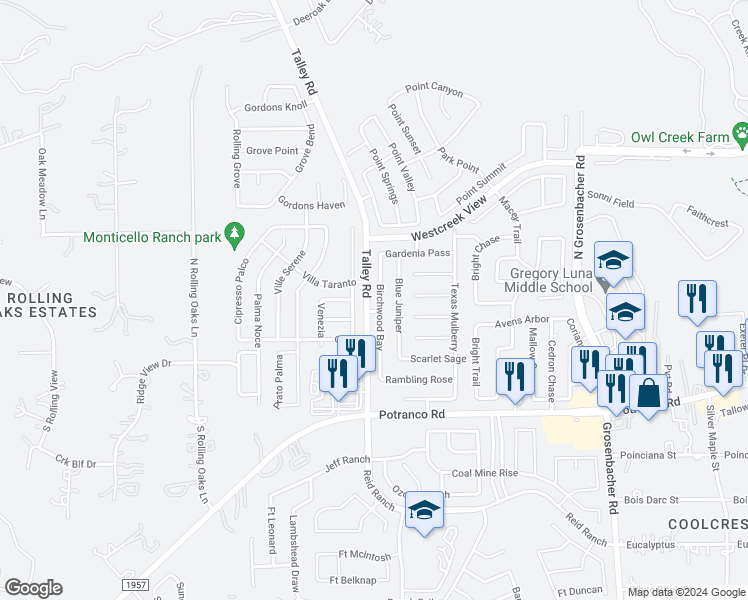 map of restaurants, bars, coffee shops, grocery stores, and more near 211 Birchwood Bay in San Antonio