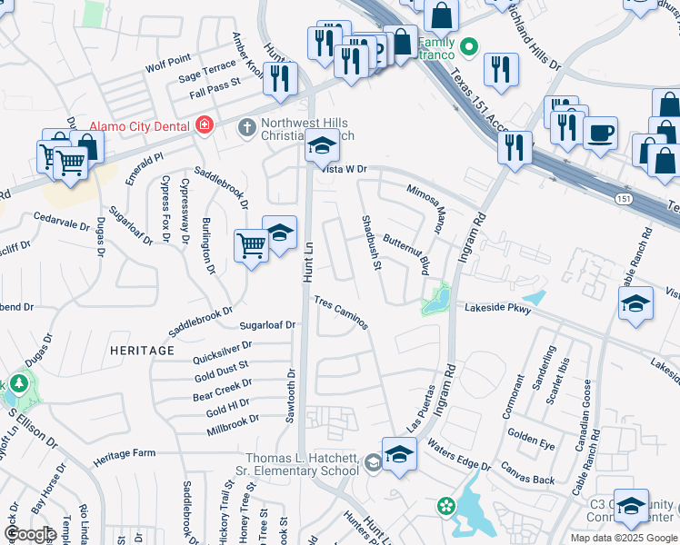 map of restaurants, bars, coffee shops, grocery stores, and more near 315 Spruce Breeze in San Antonio