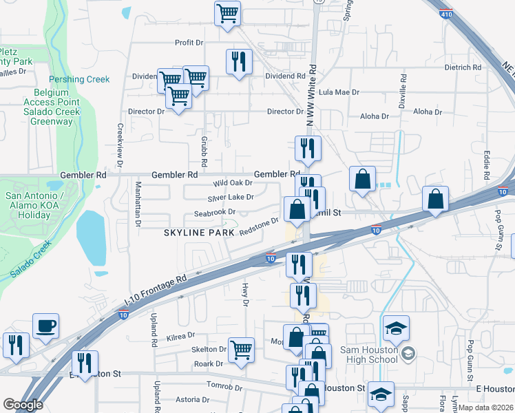 map of restaurants, bars, coffee shops, grocery stores, and more near 4327 Silver Lake Drive in San Antonio