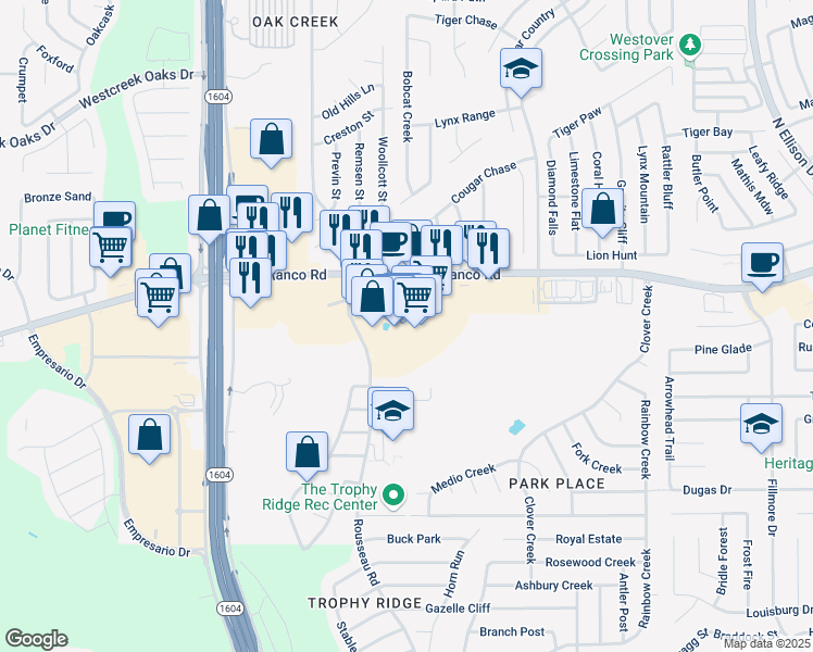 map of restaurants, bars, coffee shops, grocery stores, and more near 10718 Potranco Road in San Antonio