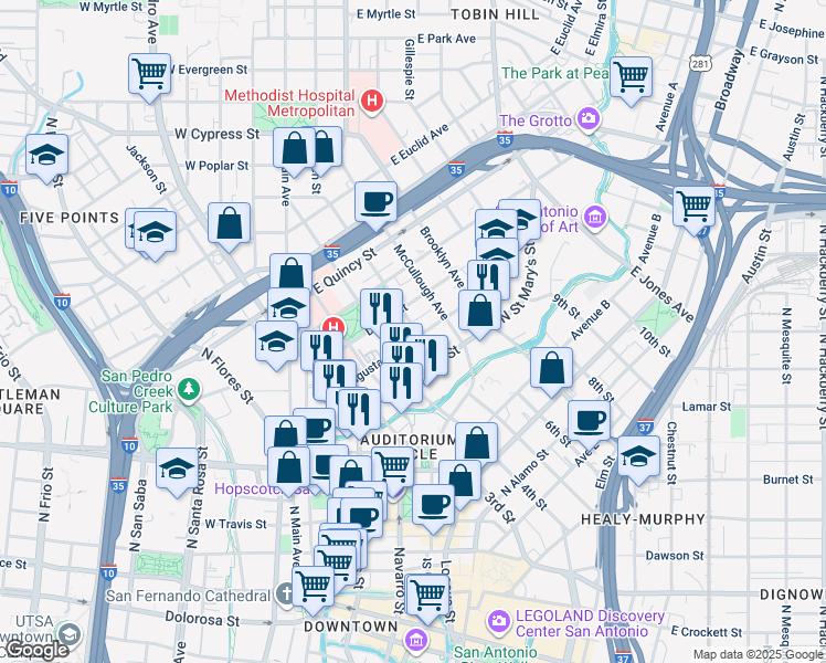 map of restaurants, bars, coffee shops, grocery stores, and more near 325 Dallas Street in San Antonio