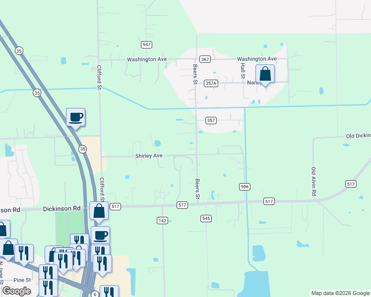 map of restaurants, bars, coffee shops, grocery stores, and more near 173 County Road 351 in Alvin