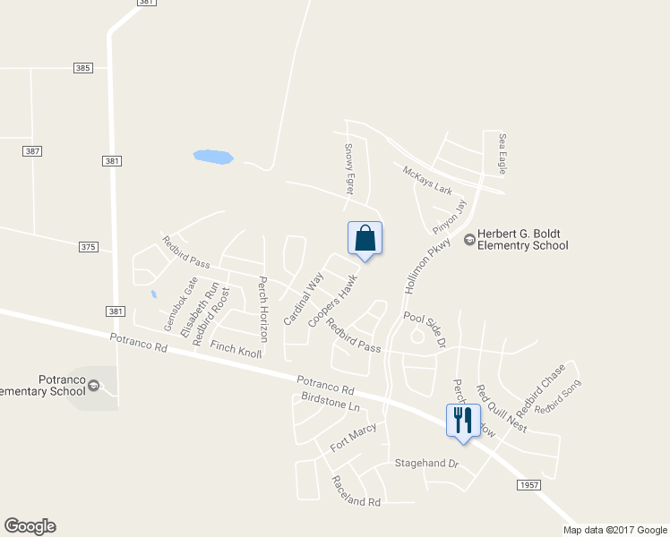 map of restaurants, bars, coffee shops, grocery stores, and more near 15423 Redbird Farm in San Antonio