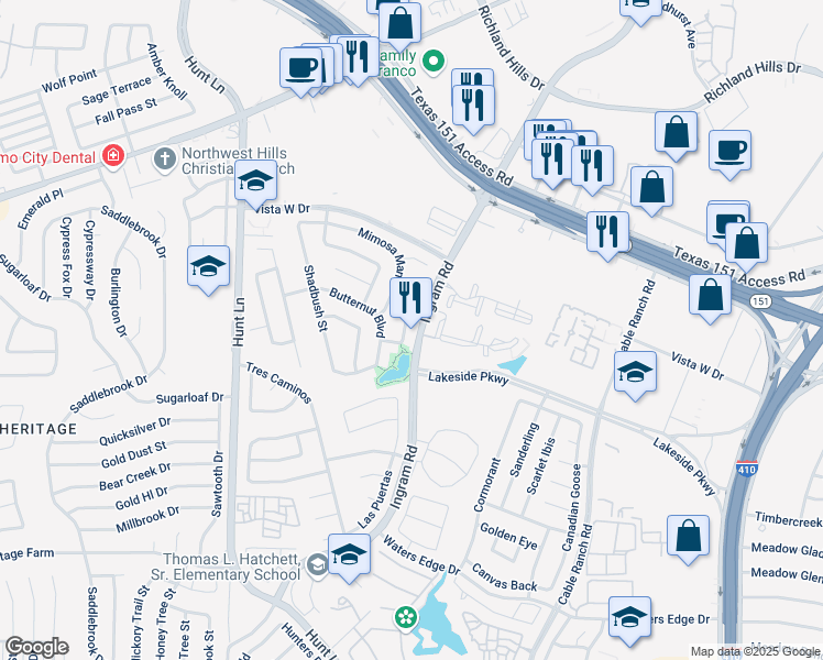 map of restaurants, bars, coffee shops, grocery stores, and more near 415 Orchard Willow in San Antonio