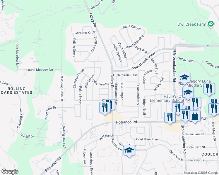 map of restaurants, bars, coffee shops, grocery stores, and more near 12806 Villa Taranto in San Antonio