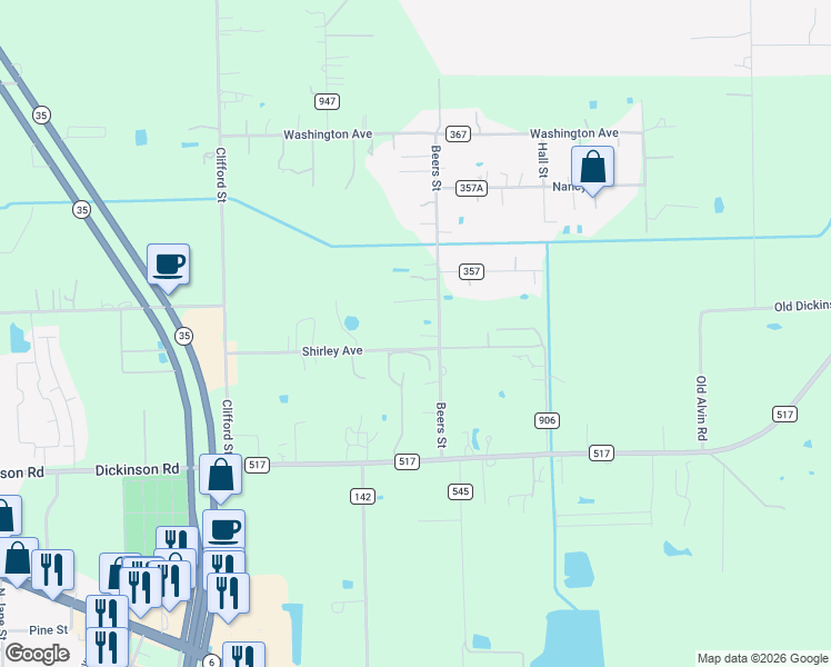map of restaurants, bars, coffee shops, grocery stores, and more near 173 County Road 351 in Alvin