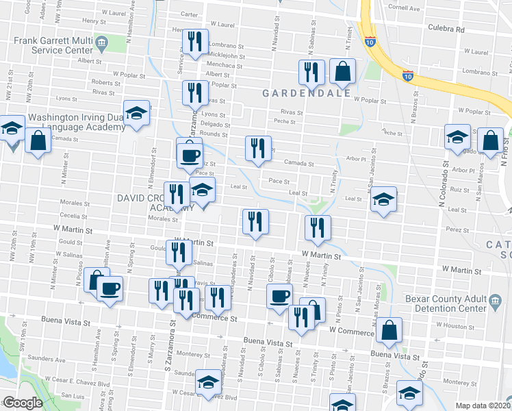 map of restaurants, bars, coffee shops, grocery stores, and more near 798 North Navidad Street in San Antonio