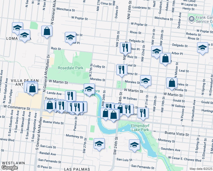 map of restaurants, bars, coffee shops, grocery stores, and more near 3718 Morales Street in San Antonio