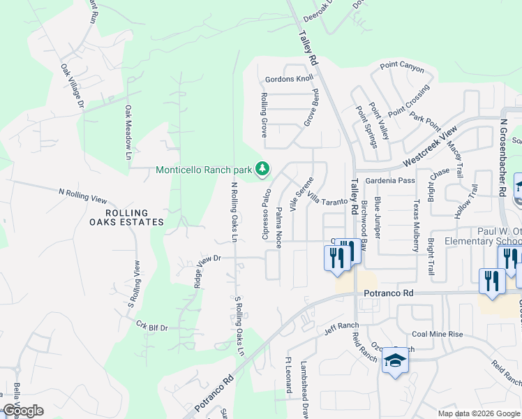 map of restaurants, bars, coffee shops, grocery stores, and more near 13151 Cipresso Palco in San Antonio