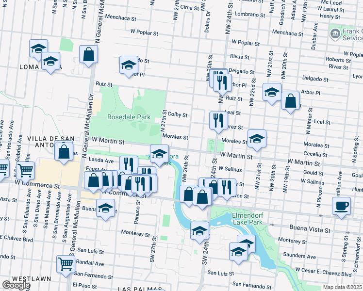 map of restaurants, bars, coffee shops, grocery stores, and more near 3822 Morales Street in San Antonio