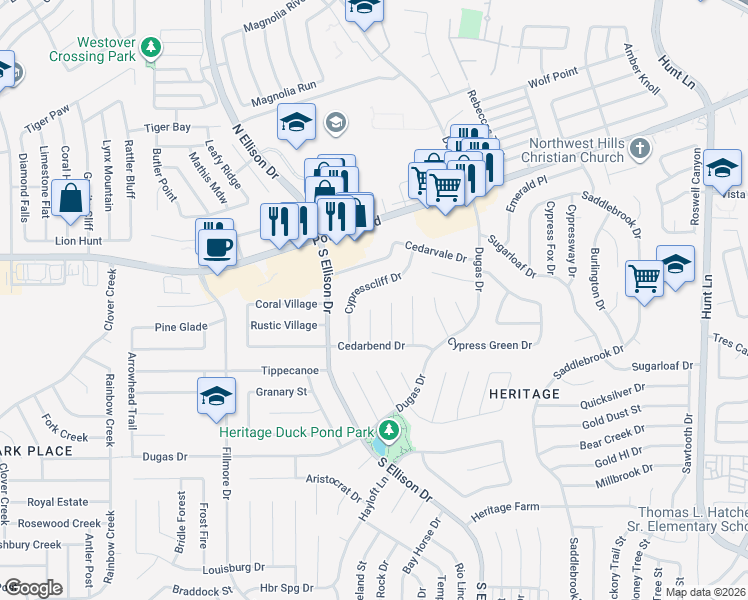 map of restaurants, bars, coffee shops, grocery stores, and more near 662 Cypresscliff Drive in San Antonio