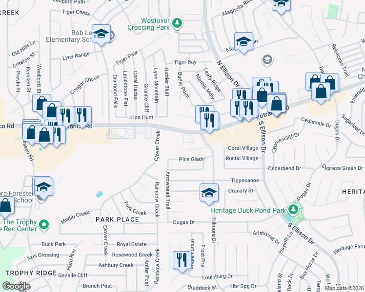 map of restaurants, bars, coffee shops, grocery stores, and more near 10126 Potranco Road in San Antonio
