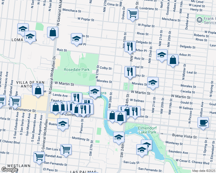 map of restaurants, bars, coffee shops, grocery stores, and more near 3822 Morales Street in San Antonio