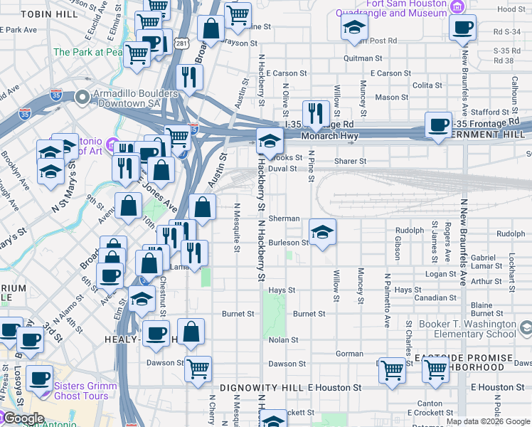 map of restaurants, bars, coffee shops, grocery stores, and more near 1211 North Hackberry in San Antonio