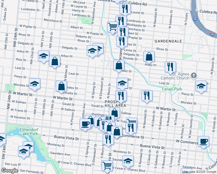map of restaurants, bars, coffee shops, grocery stores, and more near 2203 Perez Street in San Antonio