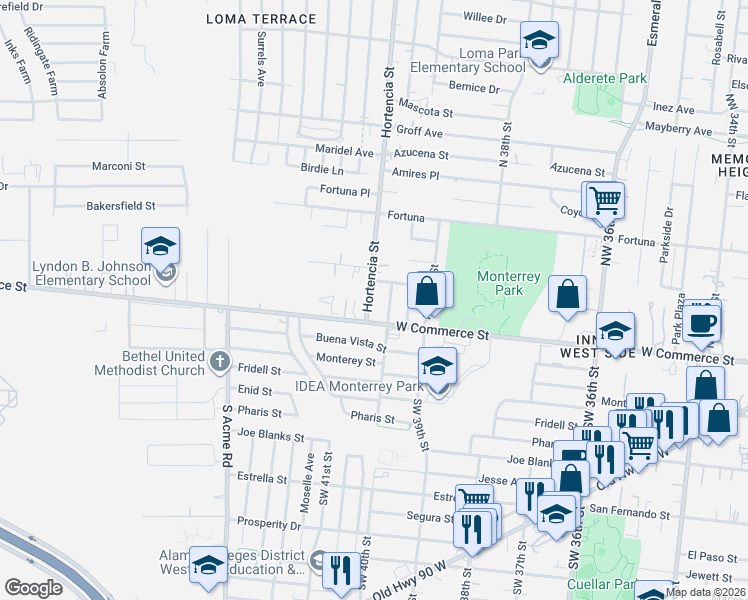 map of restaurants, bars, coffee shops, grocery stores, and more near 202 Hortencia Avenue in San Antonio