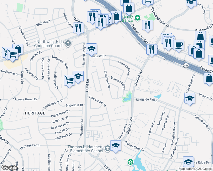 map of restaurants, bars, coffee shops, grocery stores, and more near 9143 Sycamore Cove in San Antonio