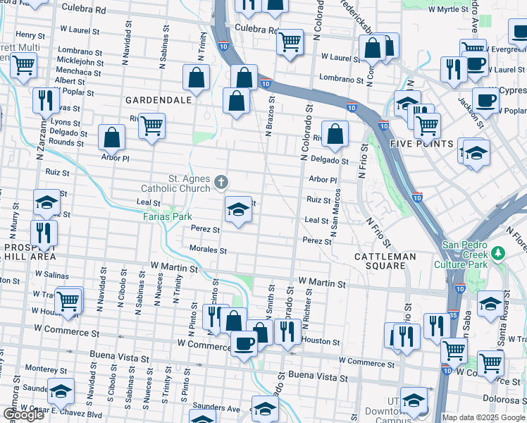 map of restaurants, bars, coffee shops, grocery stores, and more near 813 North Brazos Street in San Antonio