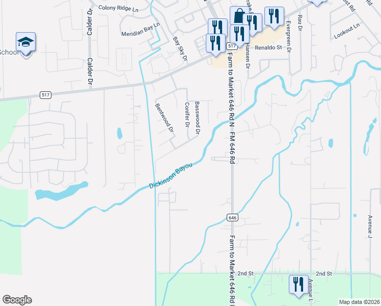 map of restaurants, bars, coffee shops, grocery stores, and more near 1042 Misty Cliff Drive in Dickinson