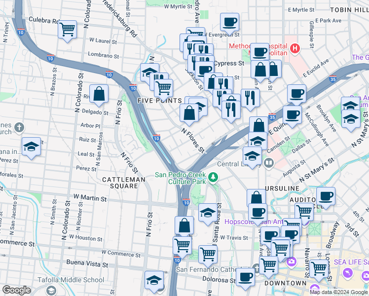 map of restaurants, bars, coffee shops, grocery stores, and more near 824 West Euclid Avenue in San Antonio