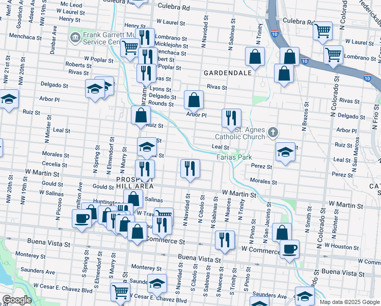 map of restaurants, bars, coffee shops, grocery stores, and more near 713 North Navidad Street in San Antonio