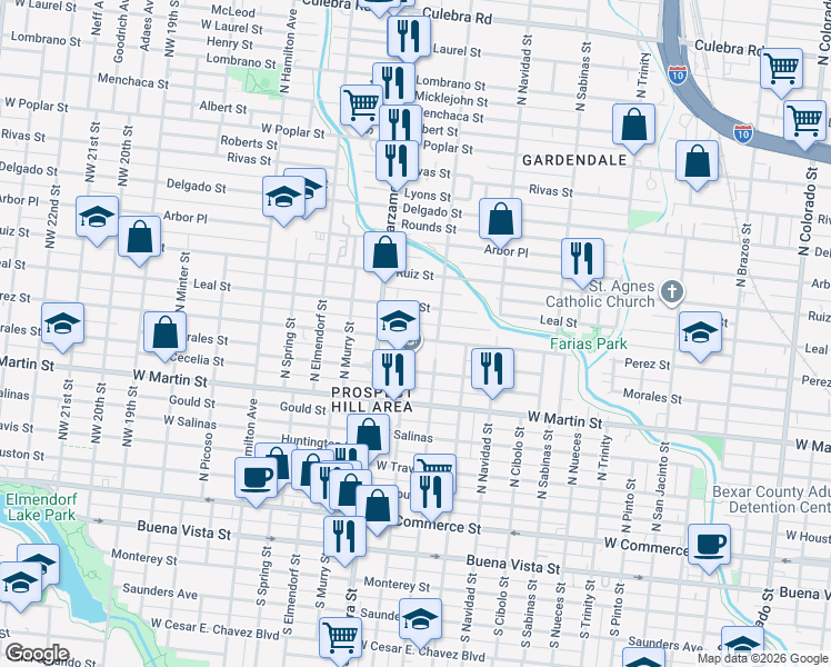 map of restaurants, bars, coffee shops, grocery stores, and more near 1917 Perez Street in San Antonio