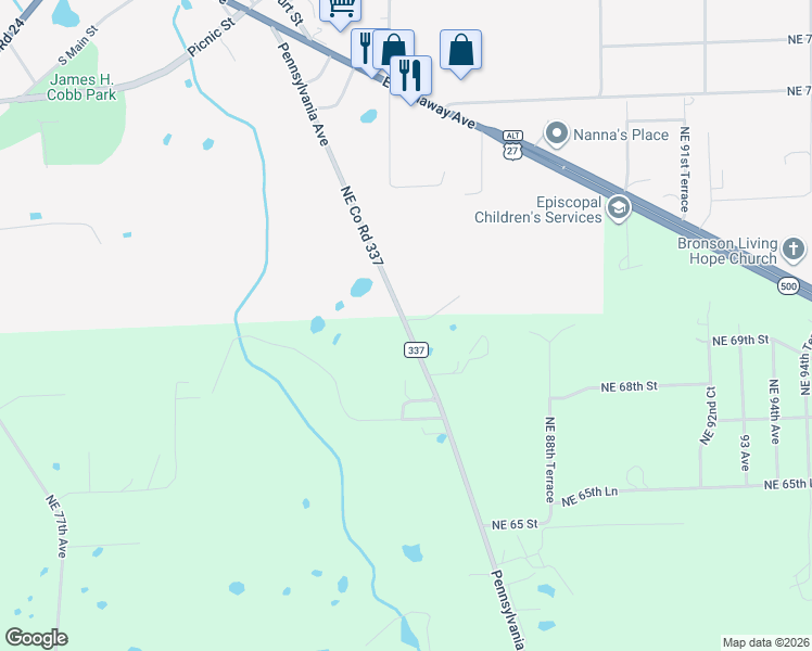 map of restaurants, bars, coffee shops, grocery stores, and more near 1620 Pennsylvania Avenue in Bronson
