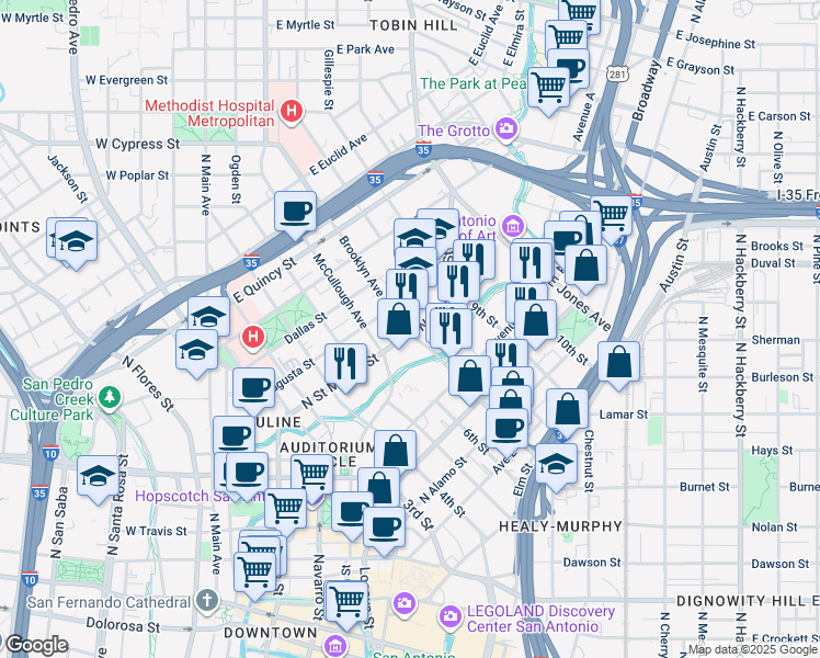 map of restaurants, bars, coffee shops, grocery stores, and more near 1203 North Saint Mary's Street in San Antonio