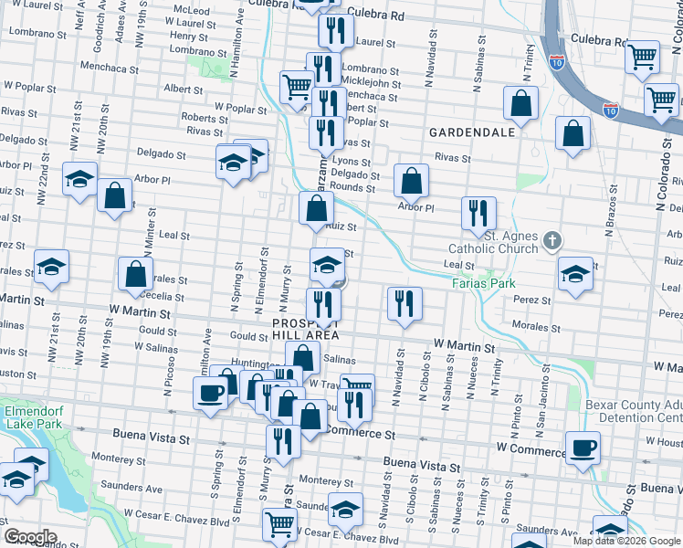 map of restaurants, bars, coffee shops, grocery stores, and more near 1917 Perez Street in San Antonio
