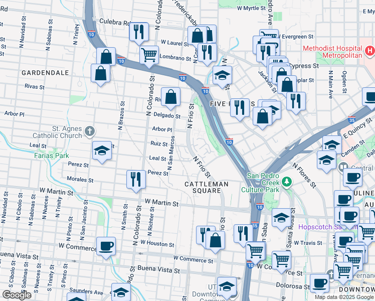 map of restaurants, bars, coffee shops, grocery stores, and more near 827 North Frio Street in San Antonio