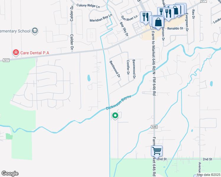 map of restaurants, bars, coffee shops, grocery stores, and more near 1070 Brigid Court in Dickinson