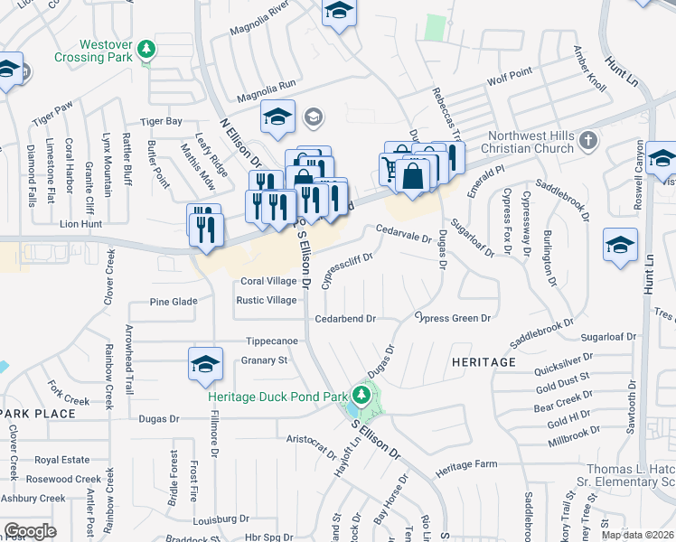 map of restaurants, bars, coffee shops, grocery stores, and more near 662 Cypresscliff Drive in San Antonio
