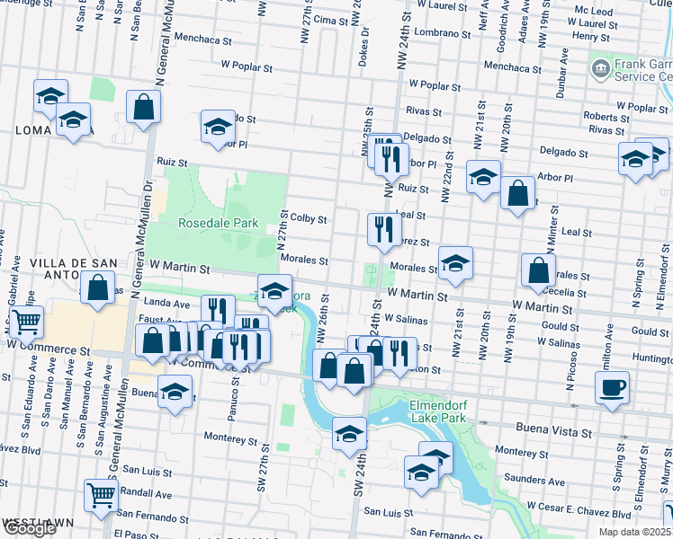 map of restaurants, bars, coffee shops, grocery stores, and more near 3718 Morales Street in San Antonio