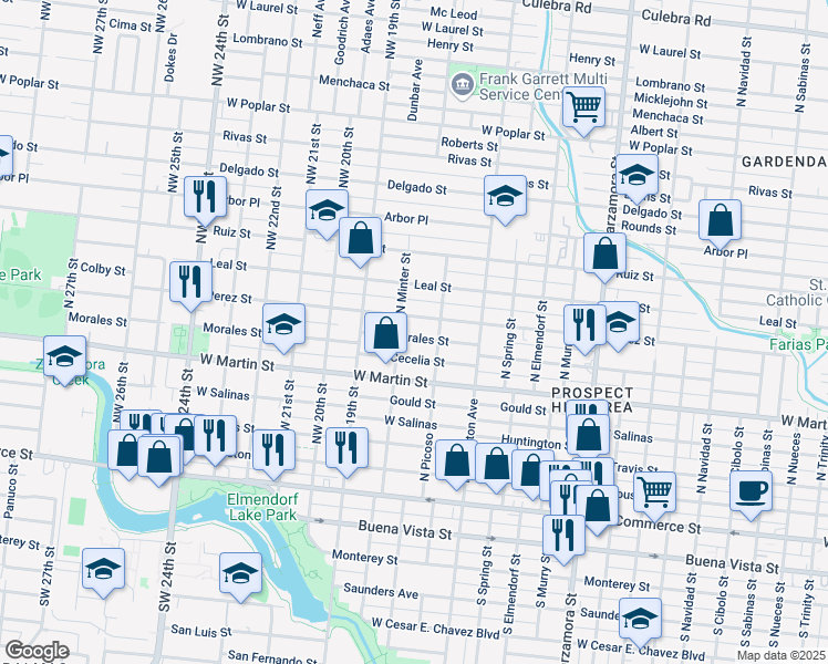 map of restaurants, bars, coffee shops, grocery stores, and more near 2626 Perez Street in San Antonio