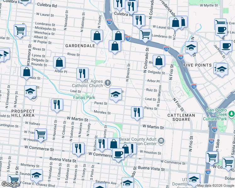 map of restaurants, bars, coffee shops, grocery stores, and more near 837 Leal Street in San Antonio