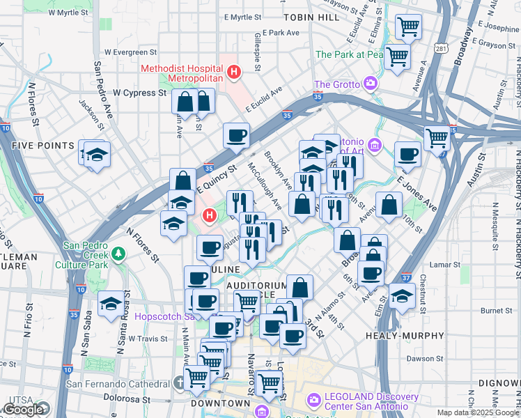 map of restaurants, bars, coffee shops, grocery stores, and more near 719 Augusta Street in San Antonio