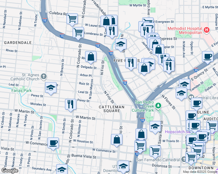map of restaurants, bars, coffee shops, grocery stores, and more near 910 North Frio Street in San Antonio