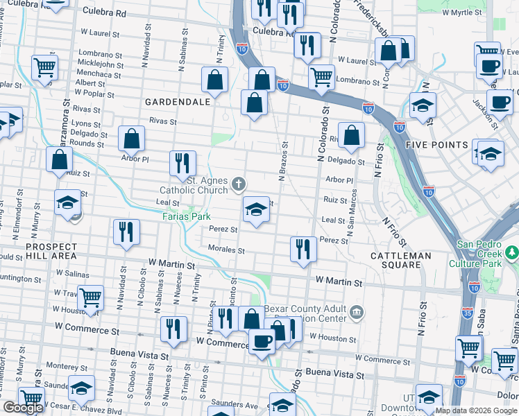 map of restaurants, bars, coffee shops, grocery stores, and more near 837 Leal Street in San Antonio
