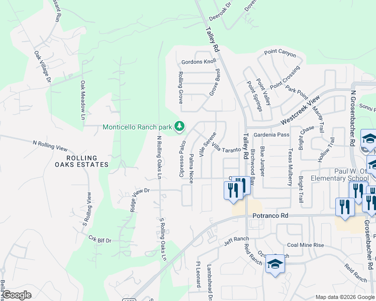 map of restaurants, bars, coffee shops, grocery stores, and more near 303 Palma Noce in San Antonio