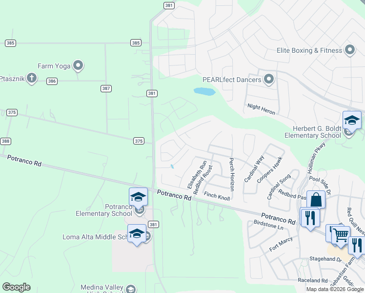 map of restaurants, bars, coffee shops, grocery stores, and more near 138 Blackmon Cove in San Antonio