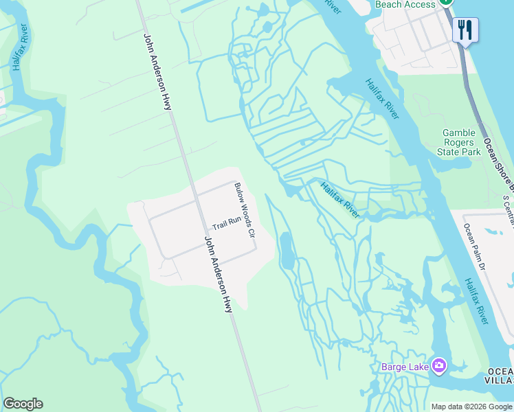 map of restaurants, bars, coffee shops, grocery stores, and more near 25 Bulow Woods Circle in Flagler Beach