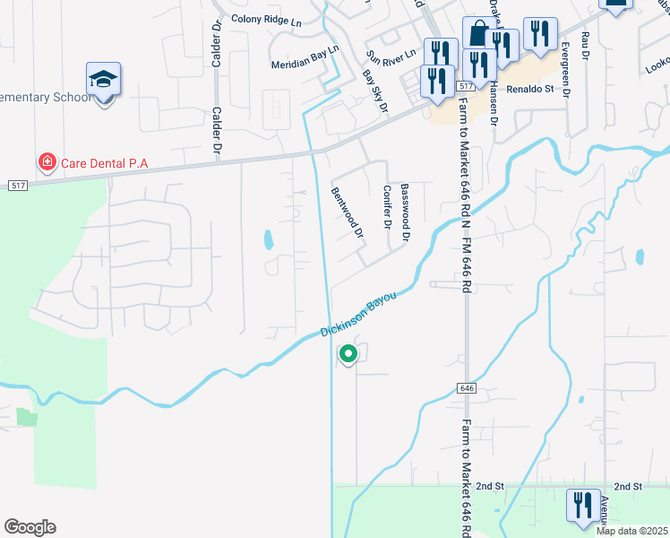 map of restaurants, bars, coffee shops, grocery stores, and more near 1070 Brigid Court in Dickinson